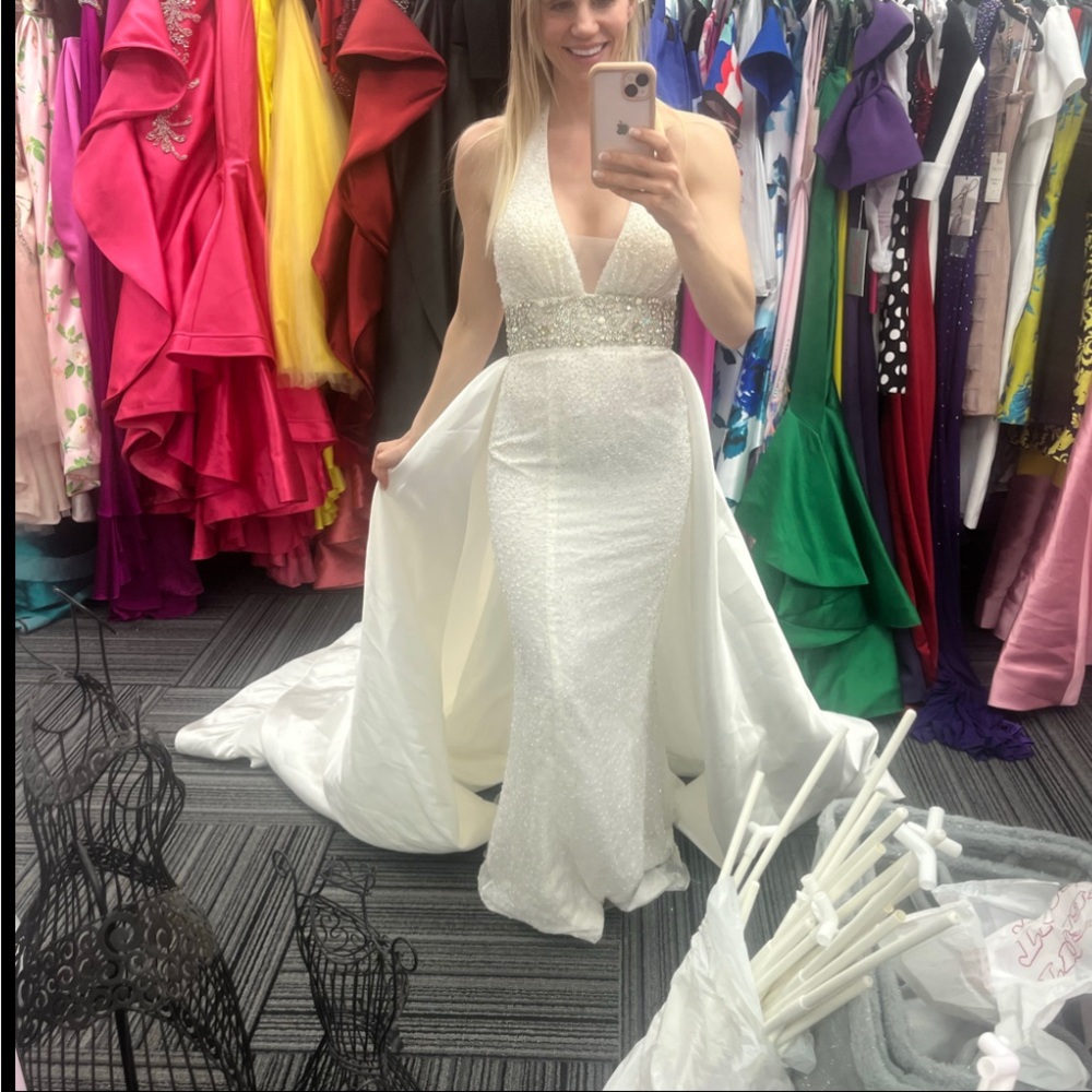 Mac Duggal White hand Beaded/Rhinestone Wedding or Pageant Dress